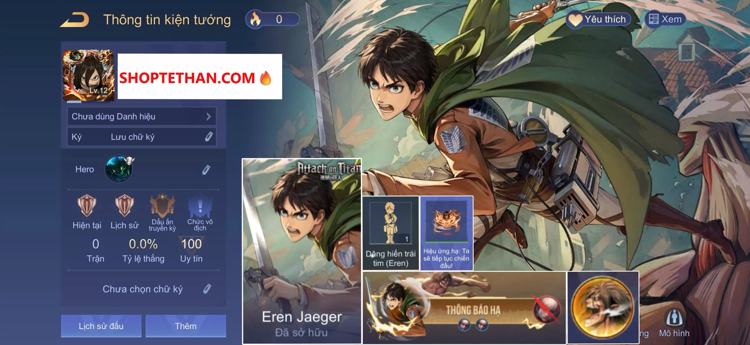 ACC REG LQ: Cresht Eren Jeager, có nút bấm+hạ+thông báo, sẳn tướng, free đổi tên, trắng thông tin
